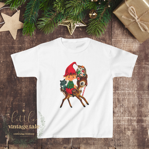 kids vintage christmas elf and reindeer Tshirt