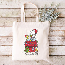 Load image into Gallery viewer, Snoopy and Woodstock Christmas canvas tote bag
