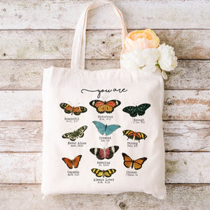 affirmation tote bag butter fly and bible verses 