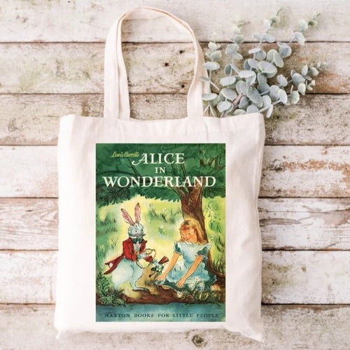 Alice in Wonderland book cover tote, reusable library bag, children storybooks bookcove