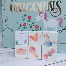 Load image into Gallery viewer, Rainbow Unicorn Wooden Blocks ~I believe in Unicorns ~ Whimsical Nursery Decor
