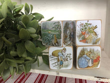 Load image into Gallery viewer, Beatrix Potter wooden nursery 6 Blocks ~ vintage illustrations~ Peter Rabbit wood blocks
