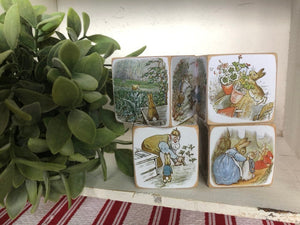 Beatrix Potter wooden nursery 6 Blocks ~ vintage illustrations~ Peter Rabbit wood blocks