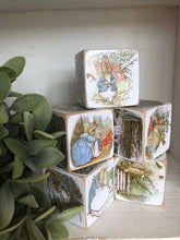 Load image into Gallery viewer, Beatrix Potter wooden nursery 6 Blocks ~ vintage illustrations~ Peter Rabbit wood blocks
