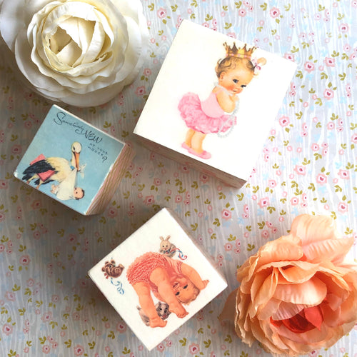 Vintage Baby Girl Nursery blocks - retro- floral decorative wooden blocks