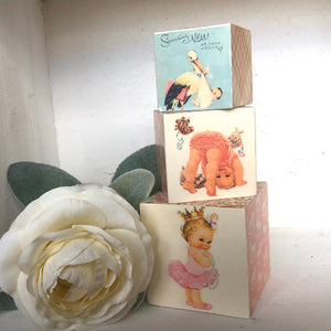 Baby Girl Nursery Stacking blocks - retro floral decorative wooden blocks