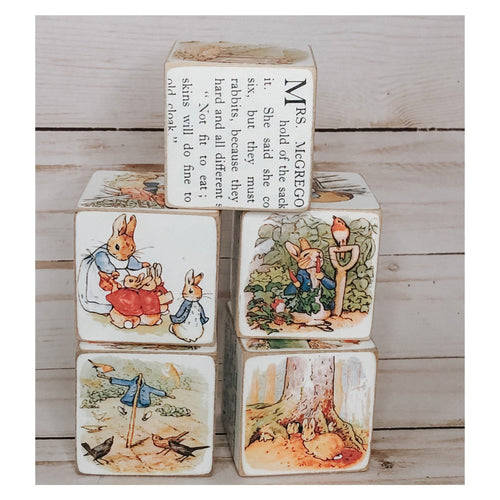 Beatrix Potter wooden nursery 6 Blocks ~ vintage illustrations~ Peter Rabbit wood blocks