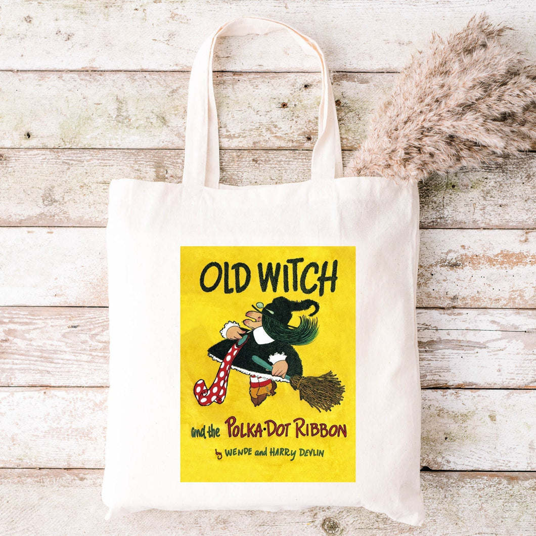 Halloween tote bag,Old Witch and the Polka Dot Ribbon Storybook, Library bag