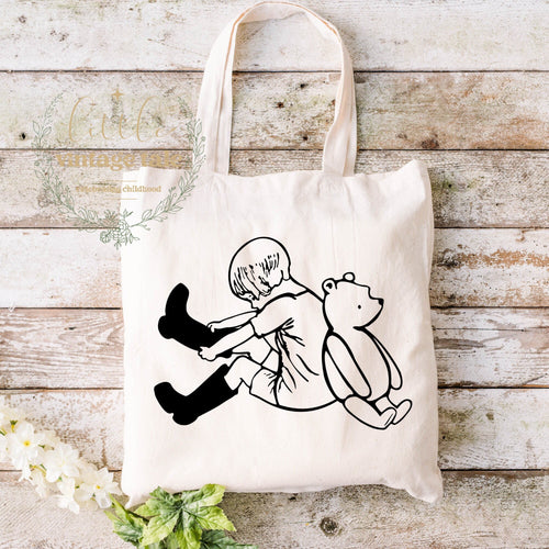 Christopher Robin and Winnie the Pooh Tote bag Children, Library bag, canvas reusable bag- forever friends 