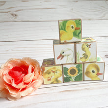 Load image into Gallery viewer, Fuzzy Little duckling wood blocks by Golden books - Nursery decor
